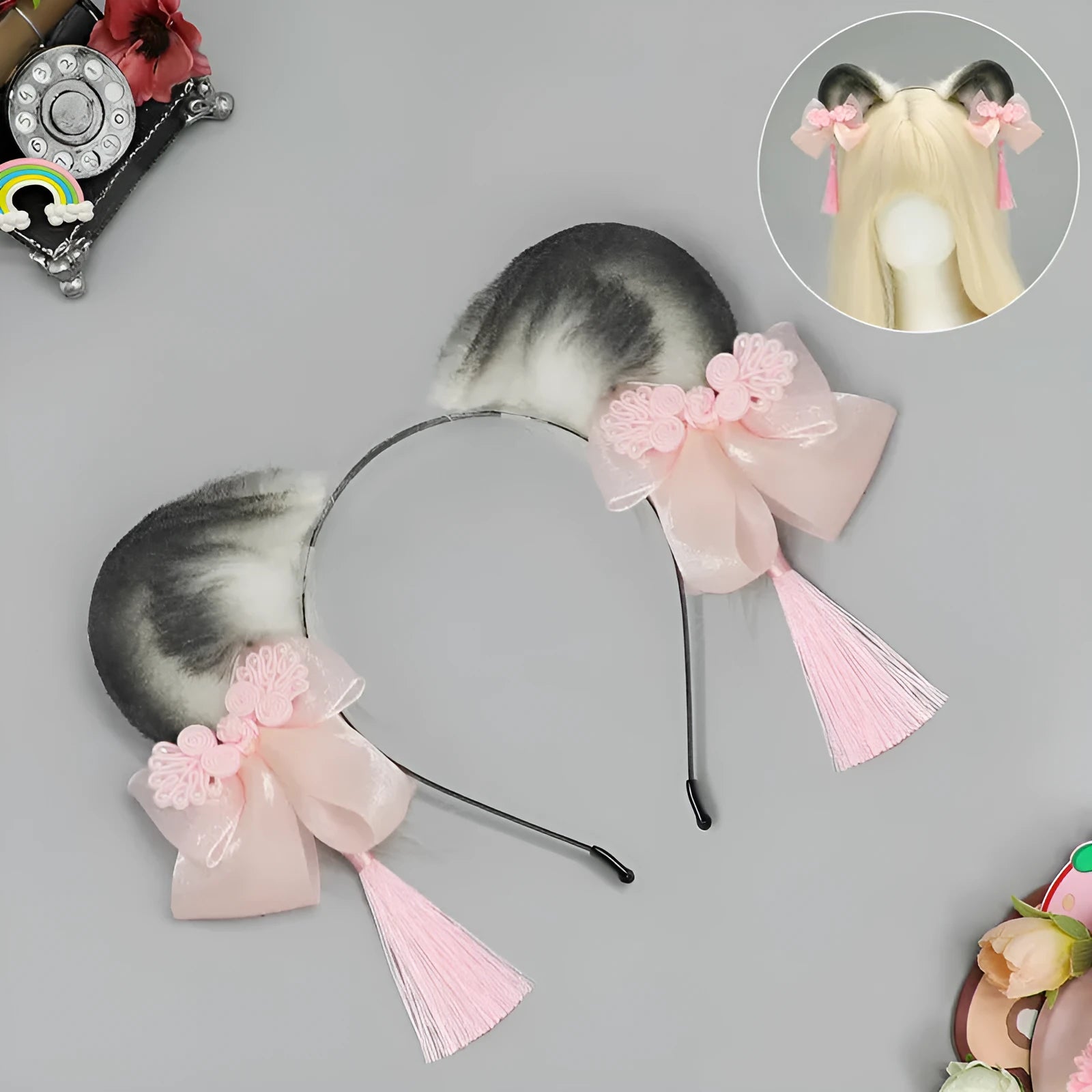 Handmade panda animal ears headband with tassel in pink, blue, green, purple – plush material unisex accessory