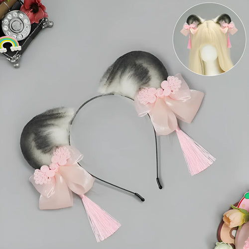 Handmade panda animal ears headband with tassel in pink, blue, green, purple – plush material unisex accessory