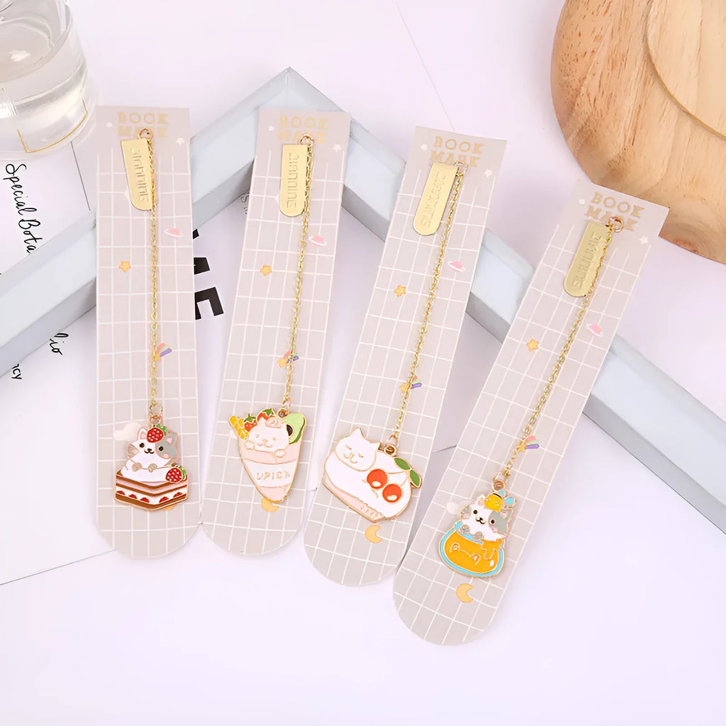 Jane Key Foodie Cute Pet Cat cartoon design metal pendant bookmark on PVC card.