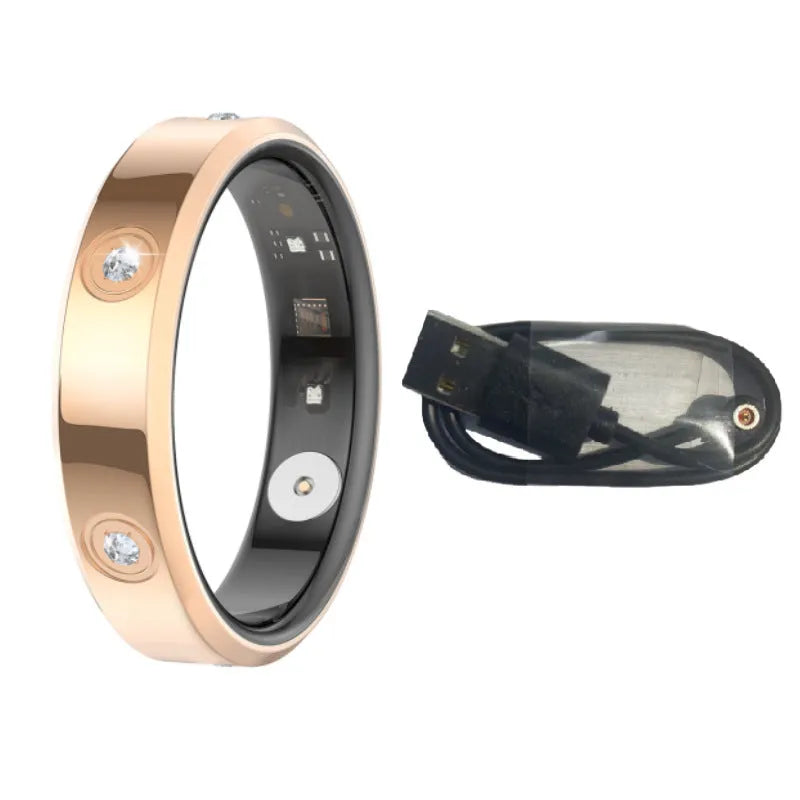 Silver intelligent smart ring with line charger, finger worn for blood oxygen and heart rate exercise monitoring