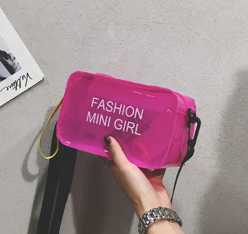 Transparent square jelly crossbody bag for women with an adjustable strap, shown in various colours.