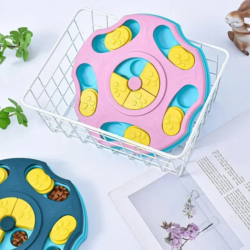 Blue dog puzzle feeder bowl with interactive game elements for slowing down fast-eating dogs