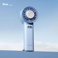 White handheld turbo jet fan with brushless motor, ice-cooling function, and 3 speed gears on a light background