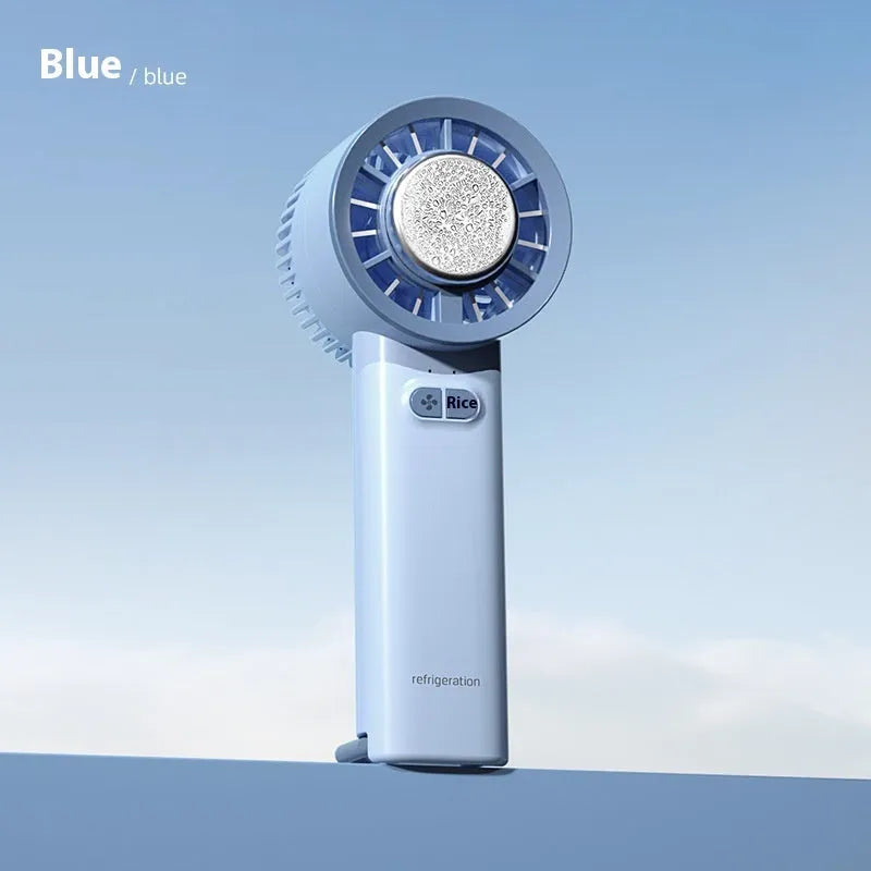 White handheld turbo jet fan with brushless motor, ice-cooling function, and 3 speed gears on a light background