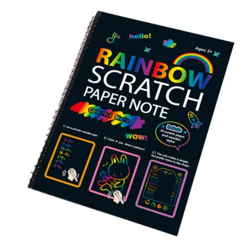 Large 26x19cm children's scratch art paper with colourful rainbow patterns for DIY painting
