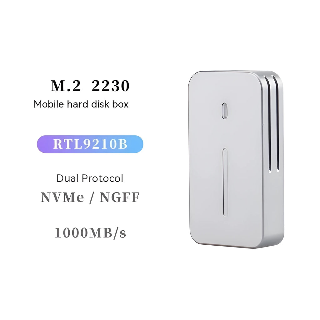 Compact aluminium alloy M.2 NVMe SSD external enclosure for 10Gbps data transfer.