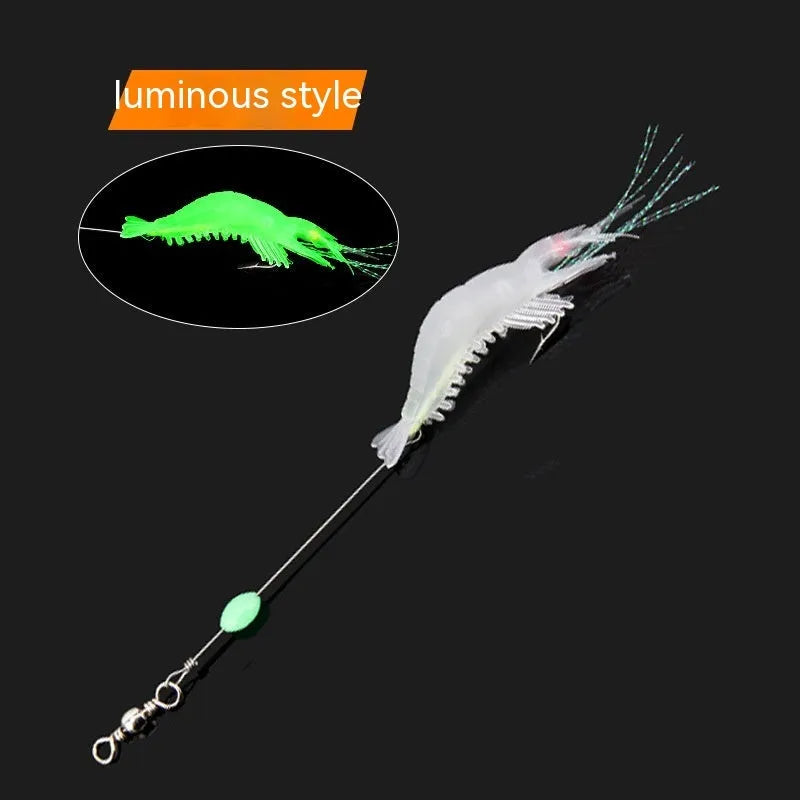 Six soft plastic fishing lures with fixed hooks in assorted colours including black head yellow body and luminous pink