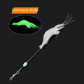 Six soft plastic fishing lures with fixed hooks in assorted colours including black head yellow body and luminous pink