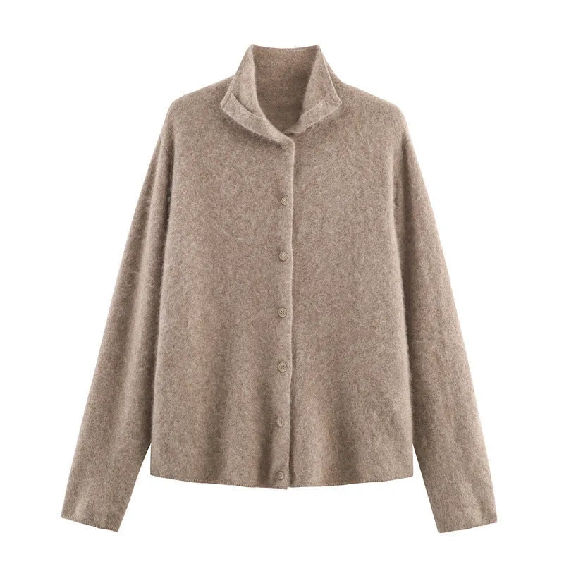 Khaki Korean-style casual high-neck pullover cardigan with stripe colour block and patchwork splicing for women
