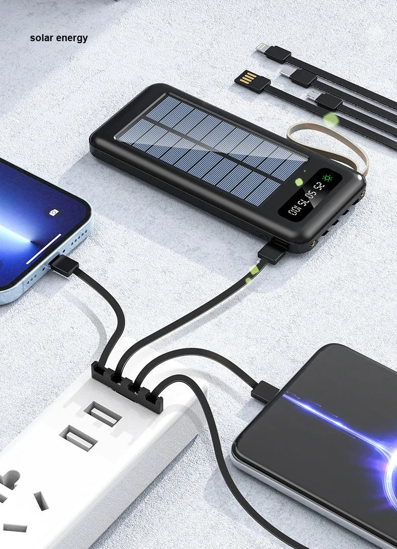 Solar Super Capacity Power Bank in black or white, showing compact size and integrated solar panel on front.