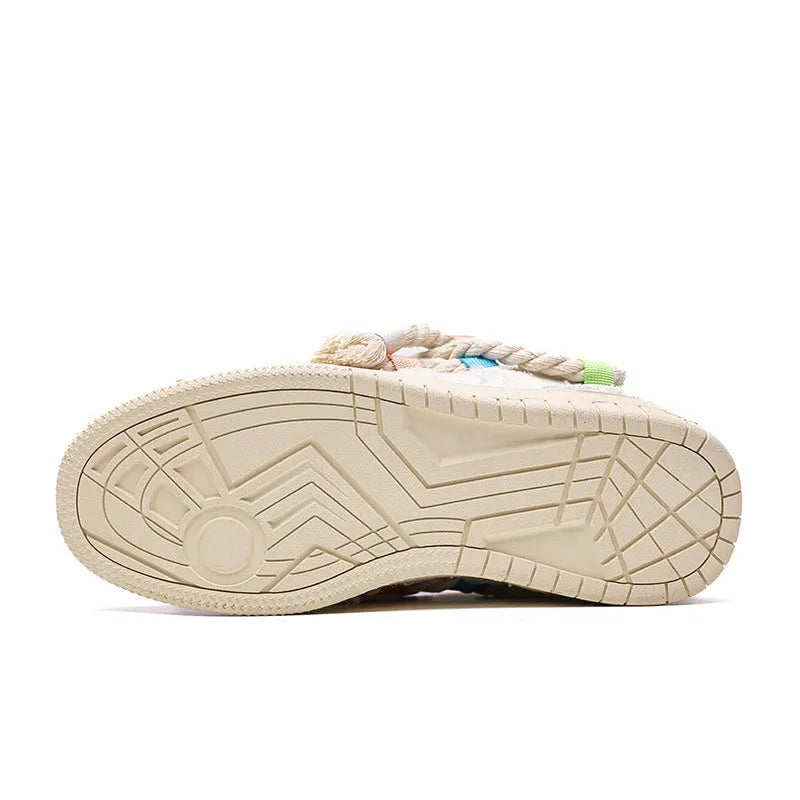 Creamy white women's retro lace-up skateboard shoes with low platform heel on rubber sole