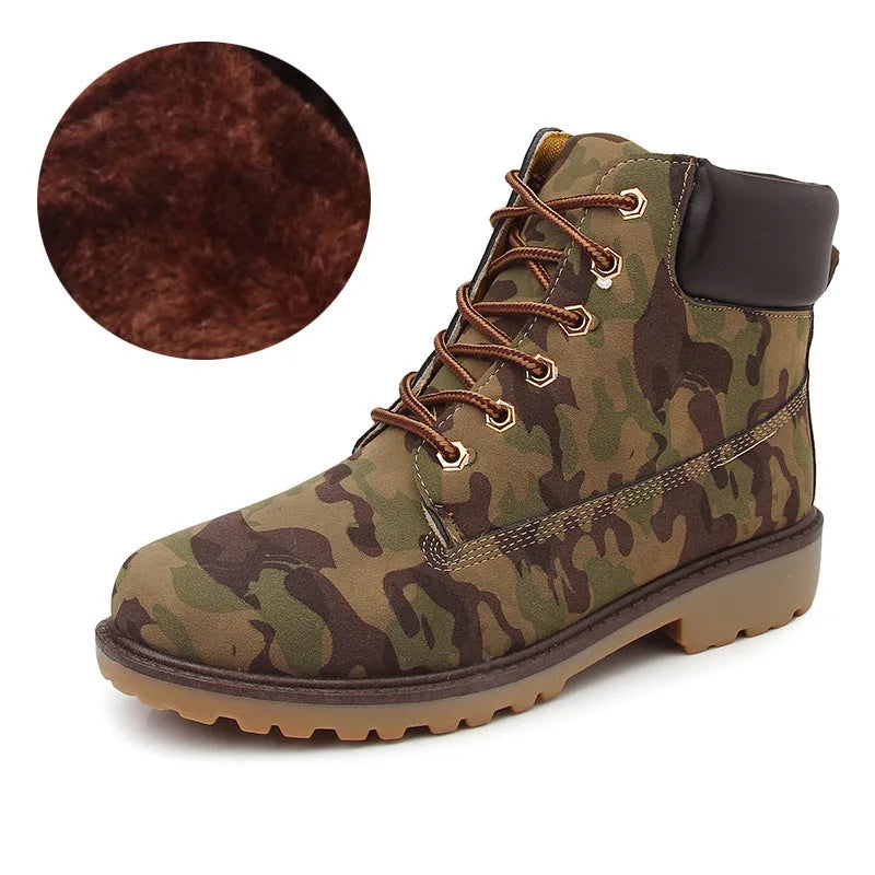 Pink men's high-top Martin boots with velvet lining, round toe, and flat sole on a white background.