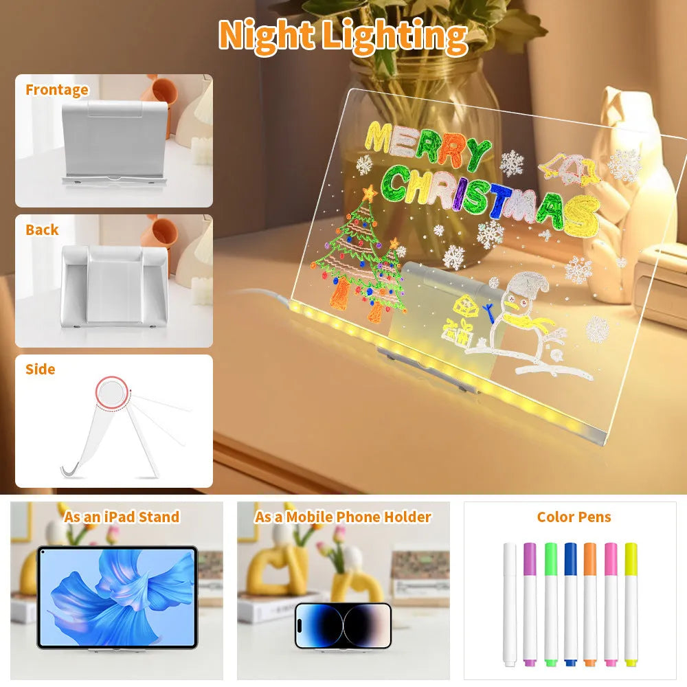 Reusable LED drawing board with transparent acrylic surface, adjustable stand, USB light, and pen in four sizes
