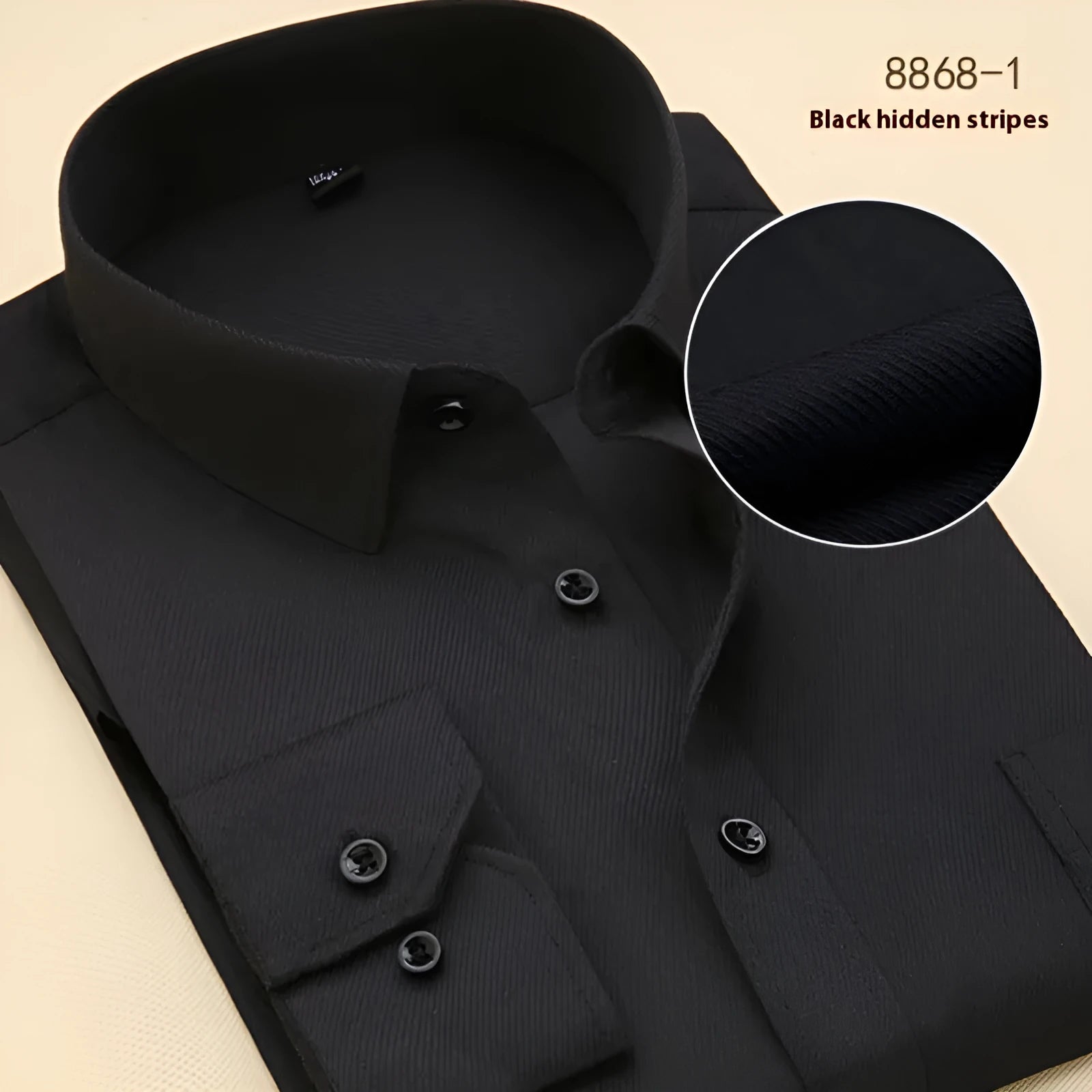 Men's black slim fit business shirt with cardigan collar and long sleeves.