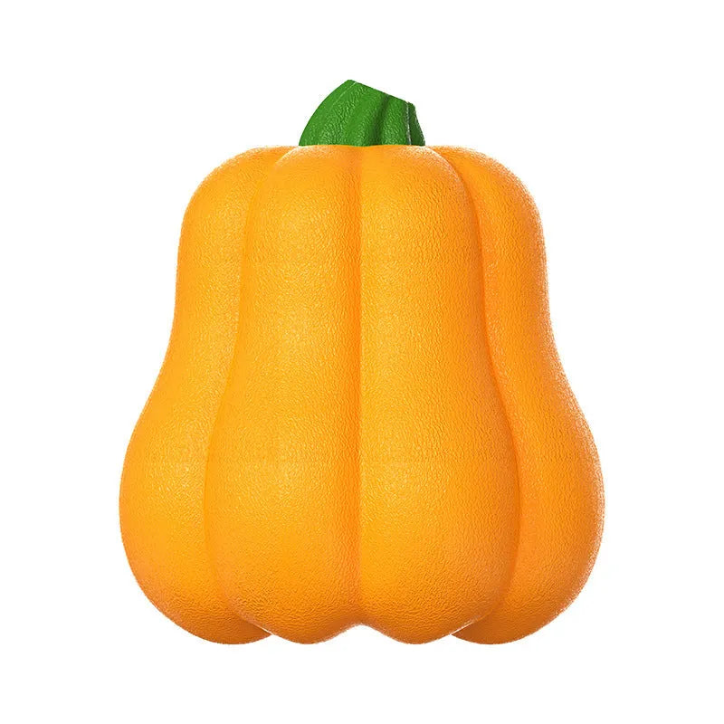Orange pumpkin-shaped plastic dog toy with an attached rope for fetch and tug-of-war.