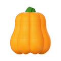 Orange pumpkin-shaped plastic dog toy with an attached rope for fetch and tug-of-war.