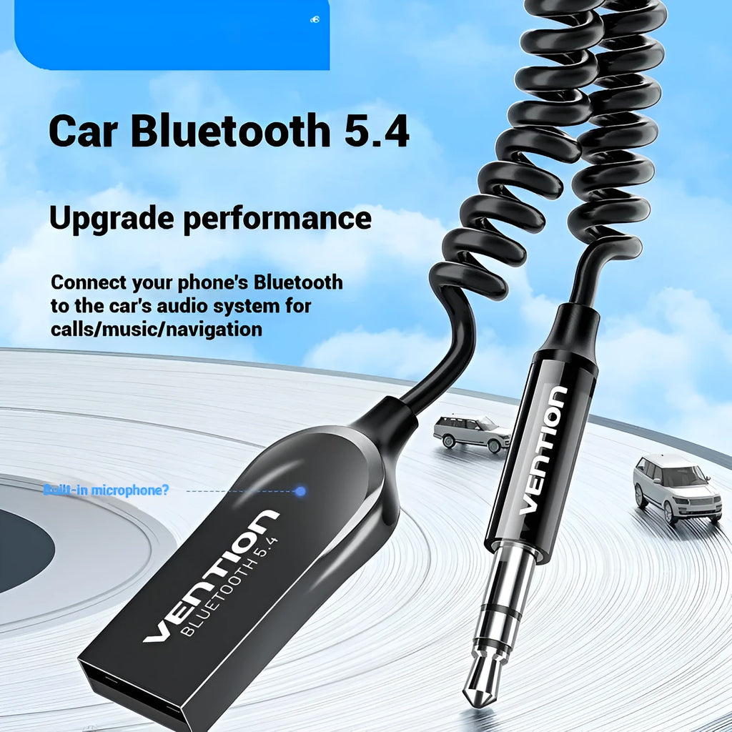 USB car Bluetooth audio receiver with zinc alloy USB plug, copper 3.5mm jack, and PU-sleeved cable.