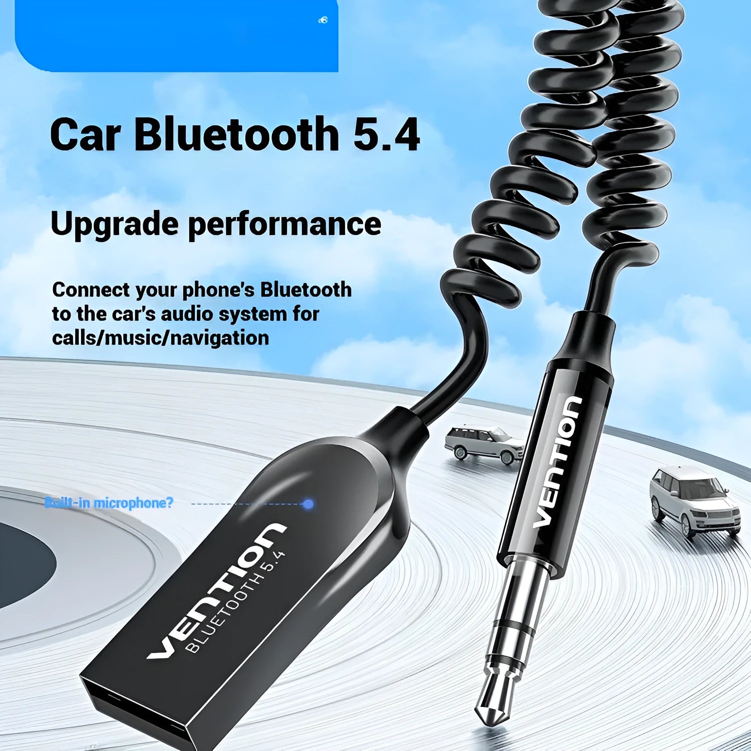USB car Bluetooth audio receiver with zinc alloy USB plug, copper 3.5mm jack, and PU-sleeved cable.