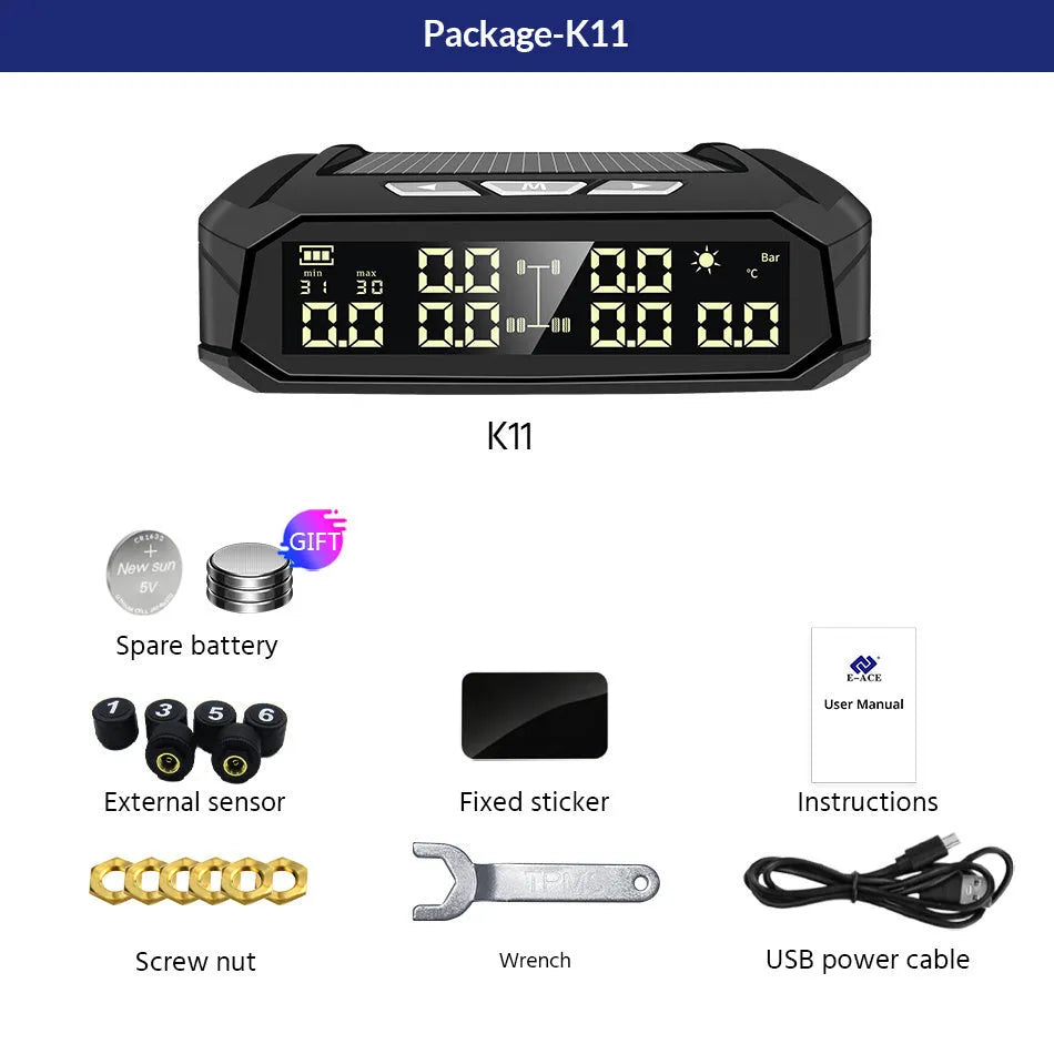 Solar-powered external tyre pressure monitor with colour screen for six-wheel trucks and RVs.