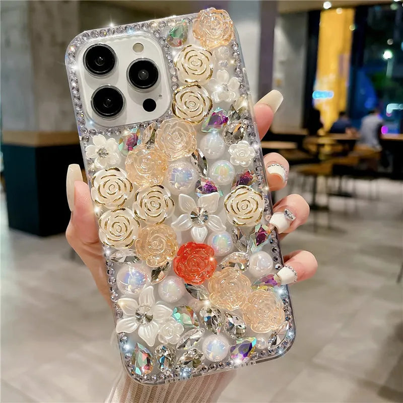 Handmade 3D diamond rose flower phone case for iPhone, TPU anti-fall anti-fingerprint cover in red rose colour