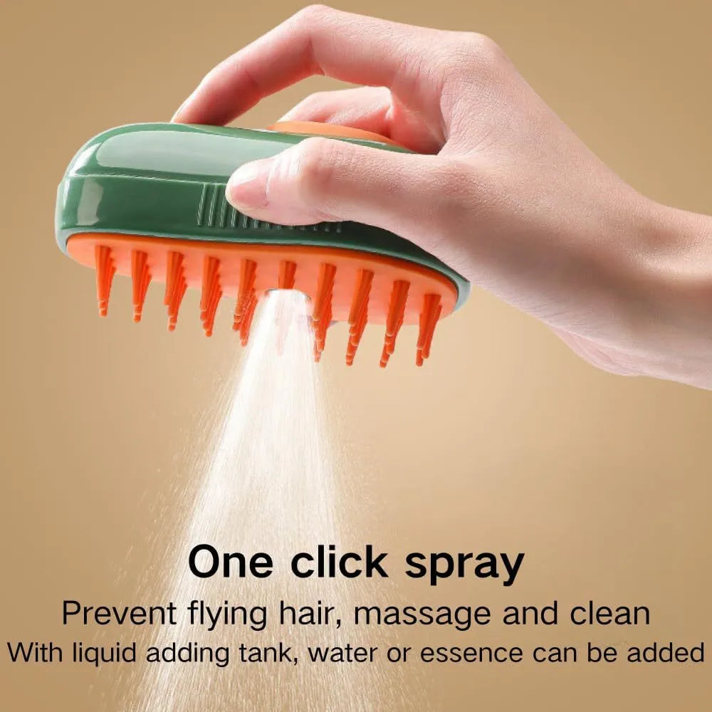 Green and white 3-in-1 cat steam brush with water spray and soft silicone teeth for pet grooming.