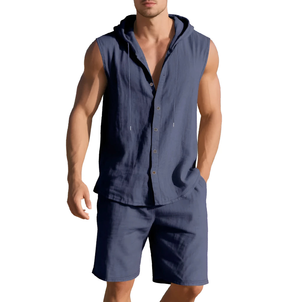 Men's linen sleeveless shirt and matching shorts suit set in light khaki colour.