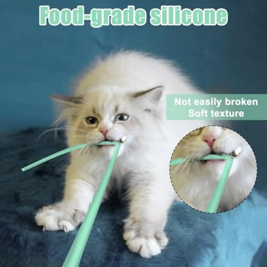 Green interactive cat toy with electronic wand and swinging silicone tails for indoor cats