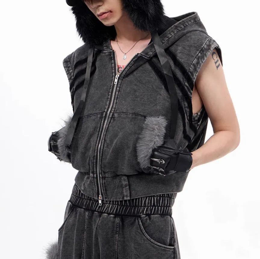 Korean style hooded sleeveless vest and trousers set with washed and worn stitching fur in black and grey