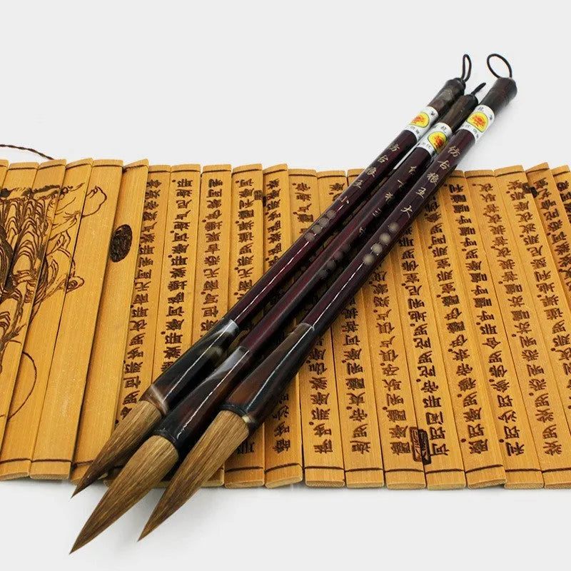 Wolf Hao traditional Chinese brush set with wolf hair bristles and steel rod handles in three sizes