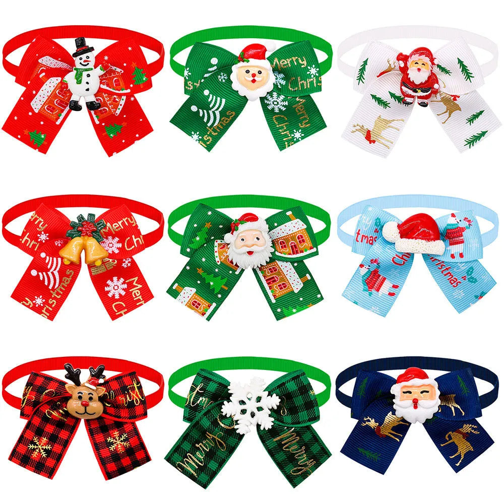 Red and green polyester Christmas pet bow tie in British style on a white background
