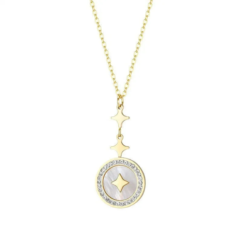 Gold titanium steel necklace with hexagonal star pendant on O-ring chain.