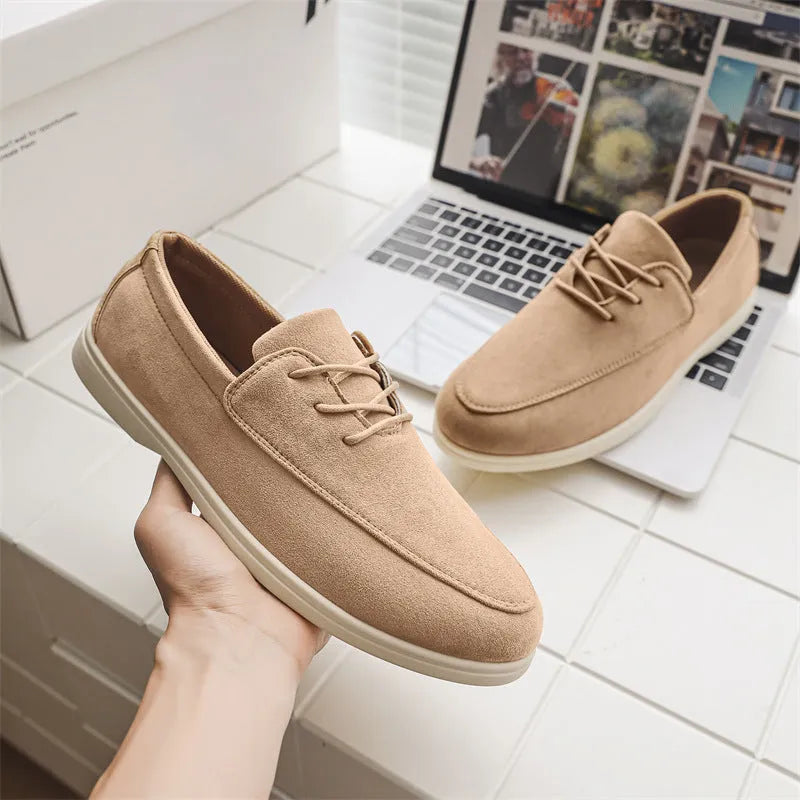 Men's suede slip-on loafers with elastic band, mesh lining, rubber vulcanized sole, low flat heel, solid colour, sizes 39-45