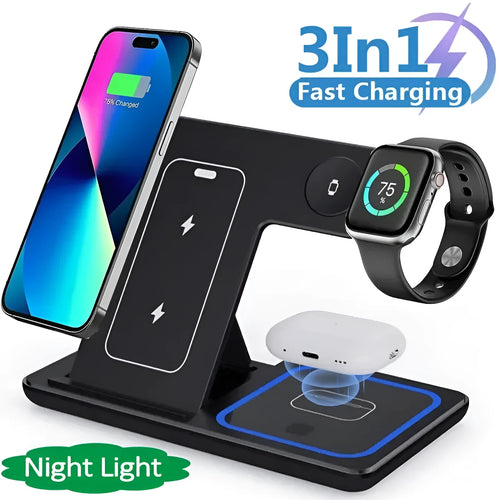 15W 3 in 1 LED fast wireless charger stand folding for iPhone, Apple Watch and AirPods
