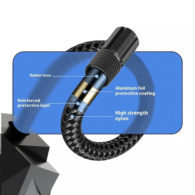 Black portable car tyre inflator with digital display and air hose, shown next to a car tyre valve.
