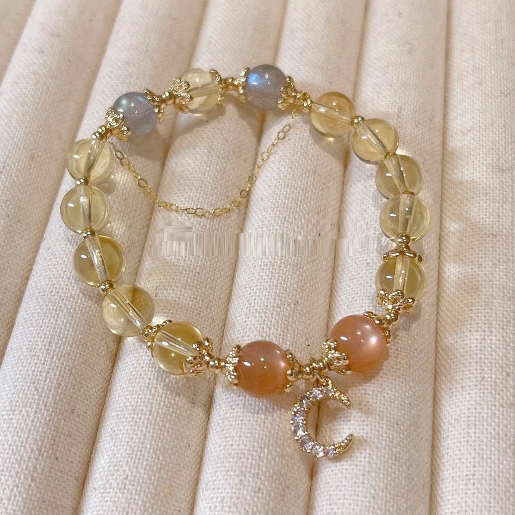 Chinese style moonstone crystal bracelet with 14K gold electroplating and diamond-shaped citrine moon design