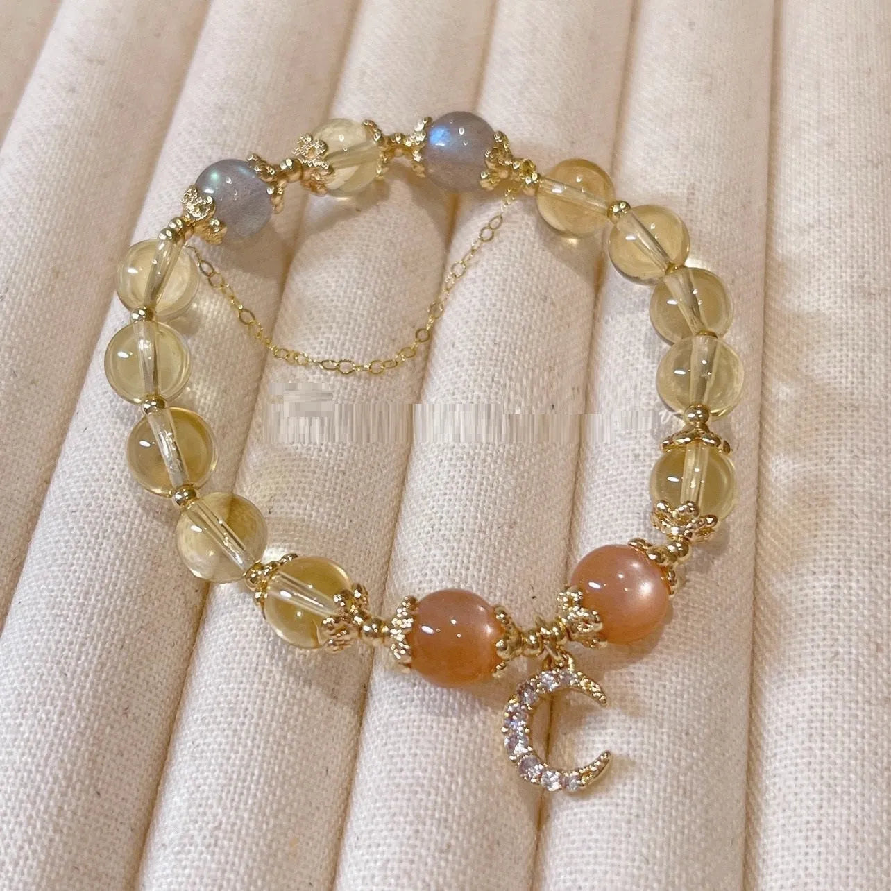 Chinese style moonstone crystal bracelet with 14K gold electroplating and diamond-shaped citrine moon design