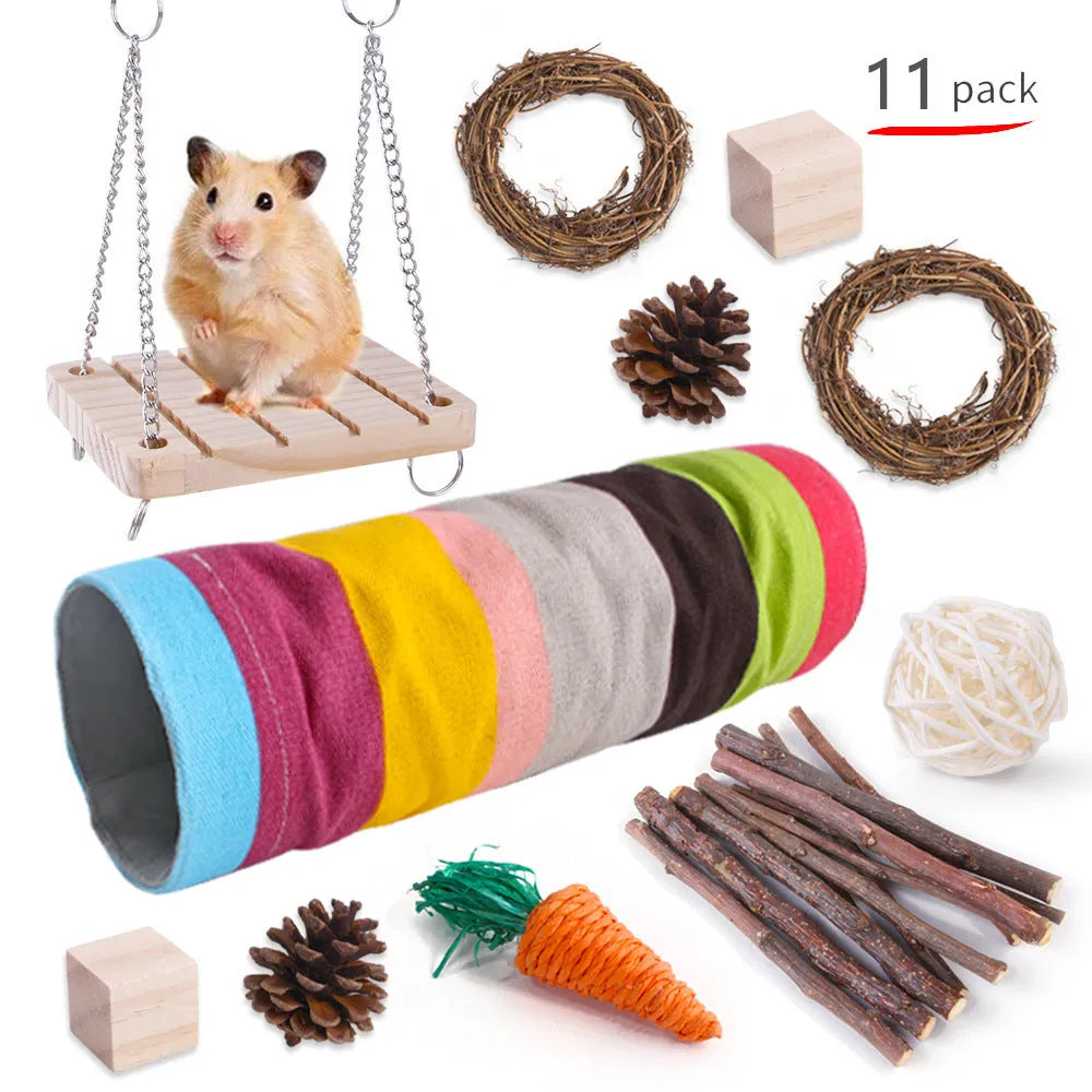 Wooden toy combination set for rabbits, guinea pigs, and parrots with straw mattress and natural material balls