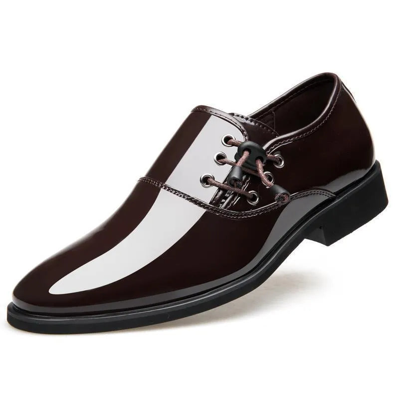 Men's black and brown formal business shoes with a square heel and round toe on a rubber sole.
