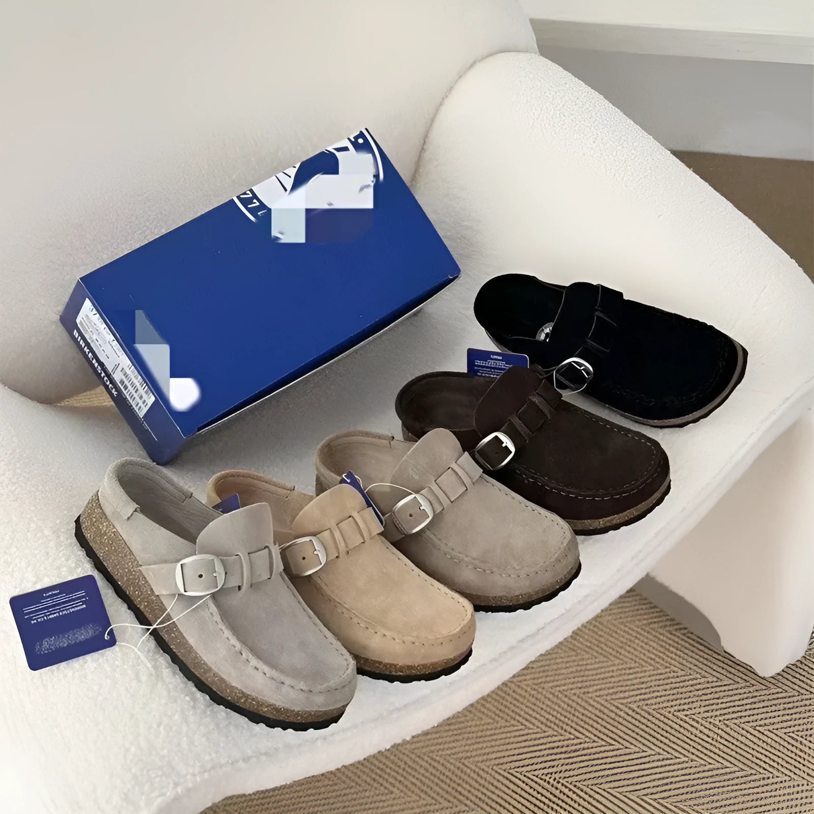 Unisex cow suede mule slippers with cork sole and toe cap in sand gray colour, side view