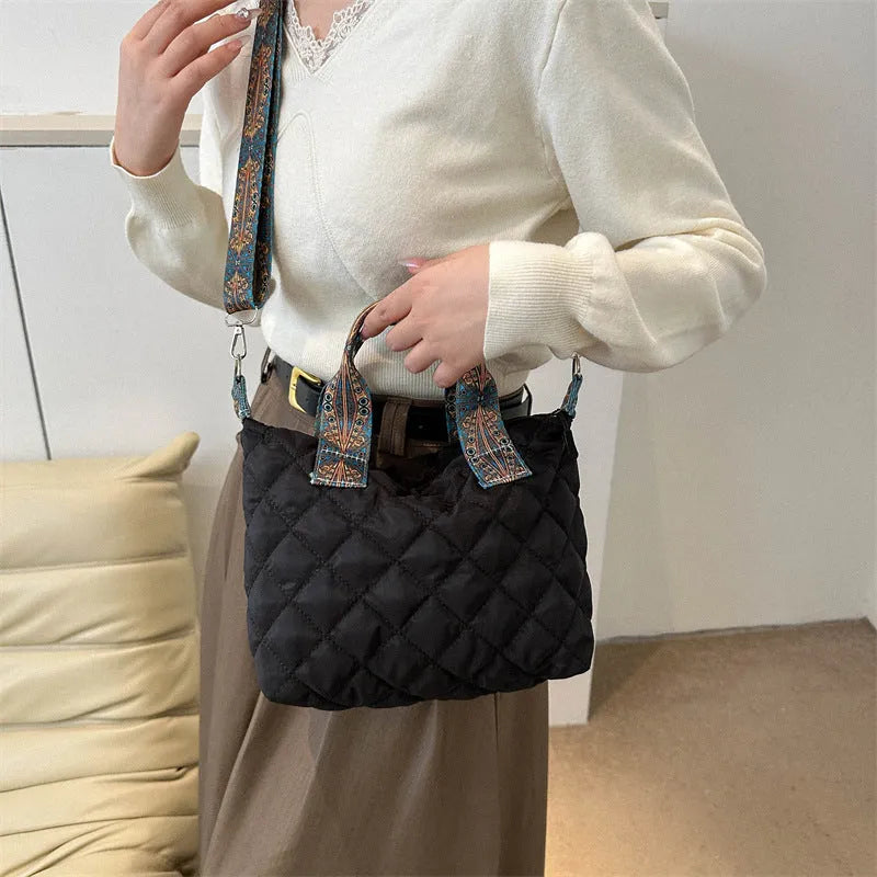 Soft Oxford cloth shoulder messenger bag with embroidery design and internal phone pocket in horizontal square shape