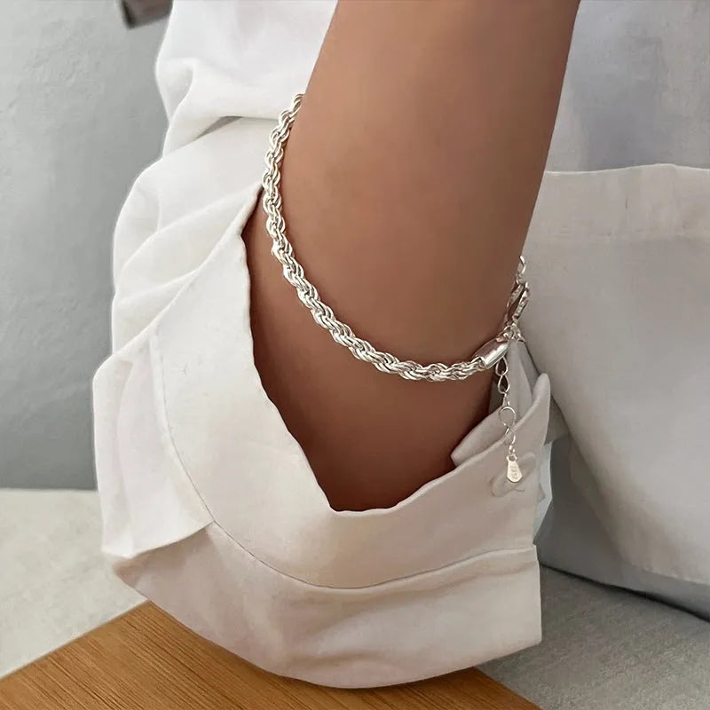 Silver twisted fried dough twists bracelet for women, vintage versatile handwear wrist accessory