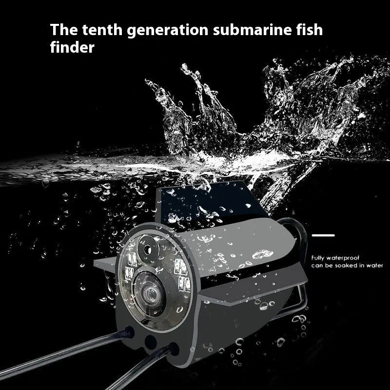 HD underwater fishing camera with screen, temperature sensor, and night vision lights on a cable.