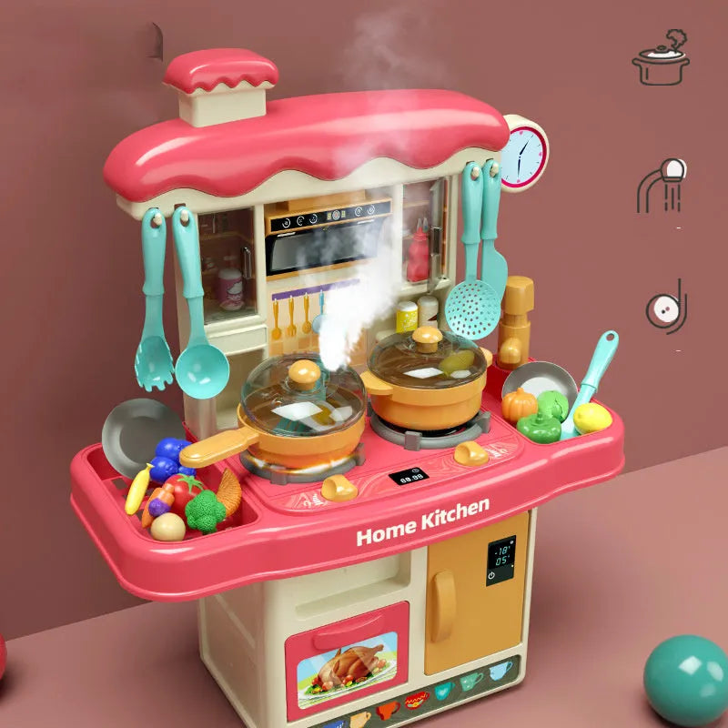 31-piece simulation kitchen table toy set with pink plastic utensils and 43cm table featuring sound light and real spray water
