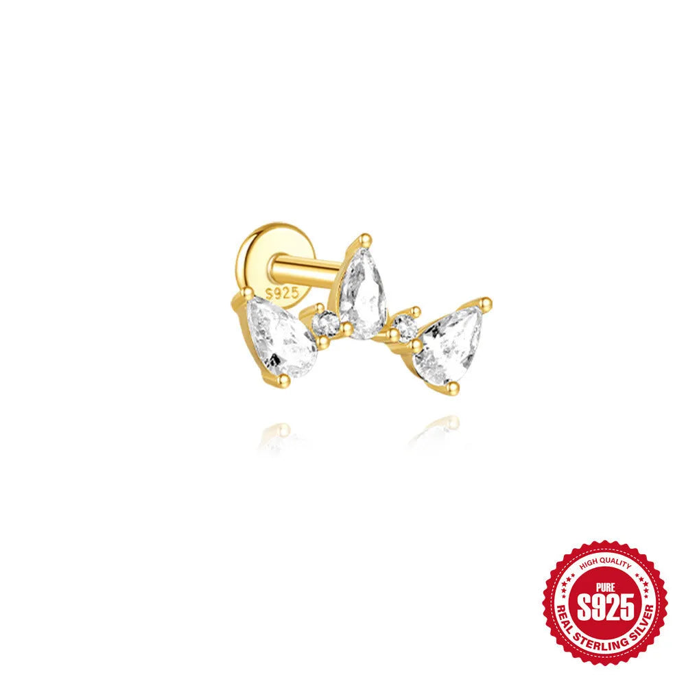 Geometric water drop shaped S925 sterling silver earrings with a flat spiral puncture back, in a gold electroplated finish.