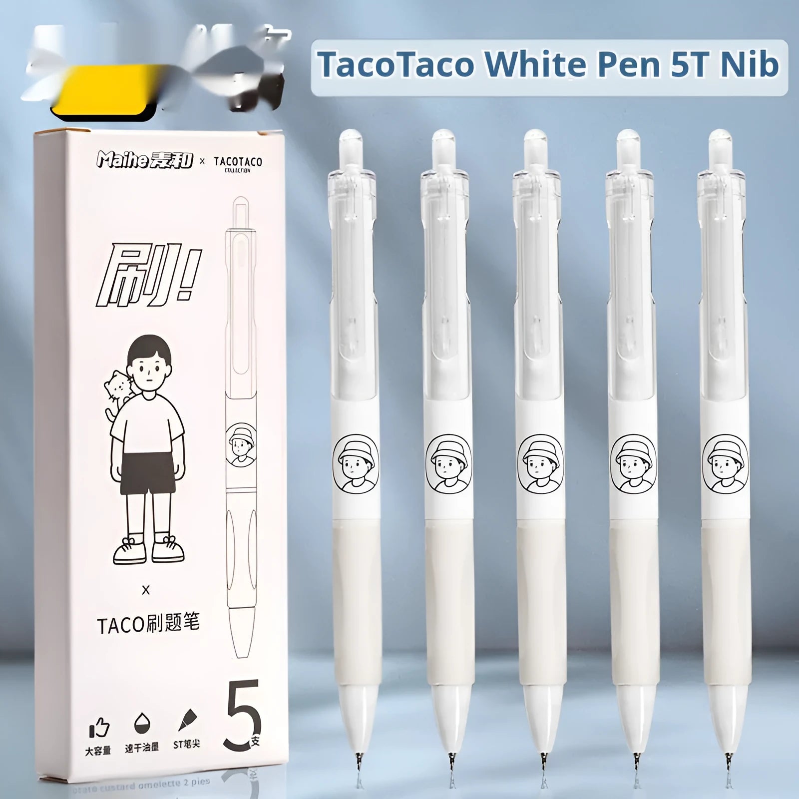 Five neutral black ballpoint pens with white brush finish and 0.5mm tips
