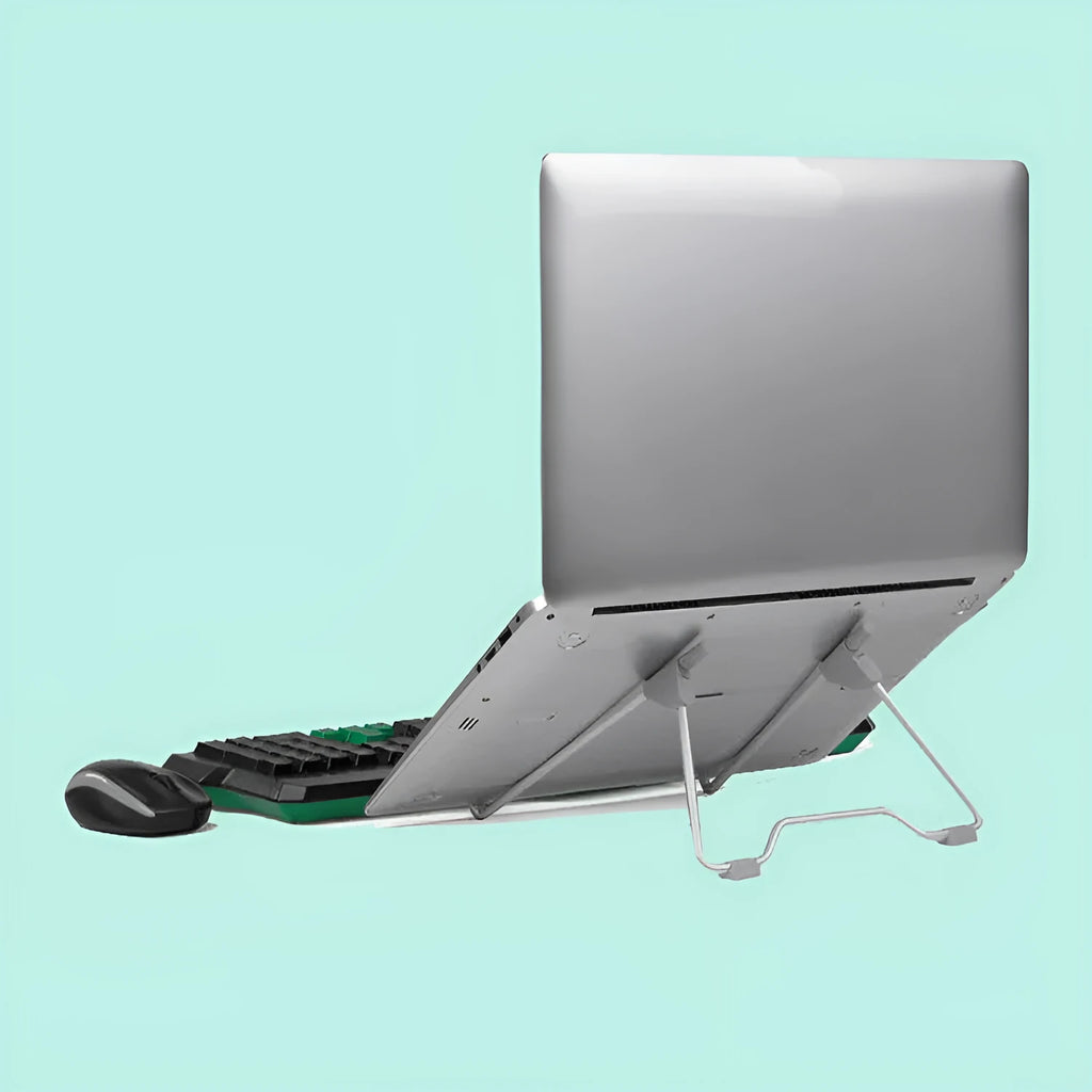 Grey aluminium alloy and plastic adjustable stand holding a mobile phone on a desk.