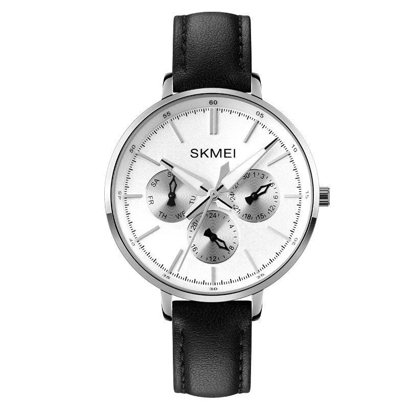 Women's retro round quartz watch with genuine leather strap, rose gold case, black strap, 38mm dial