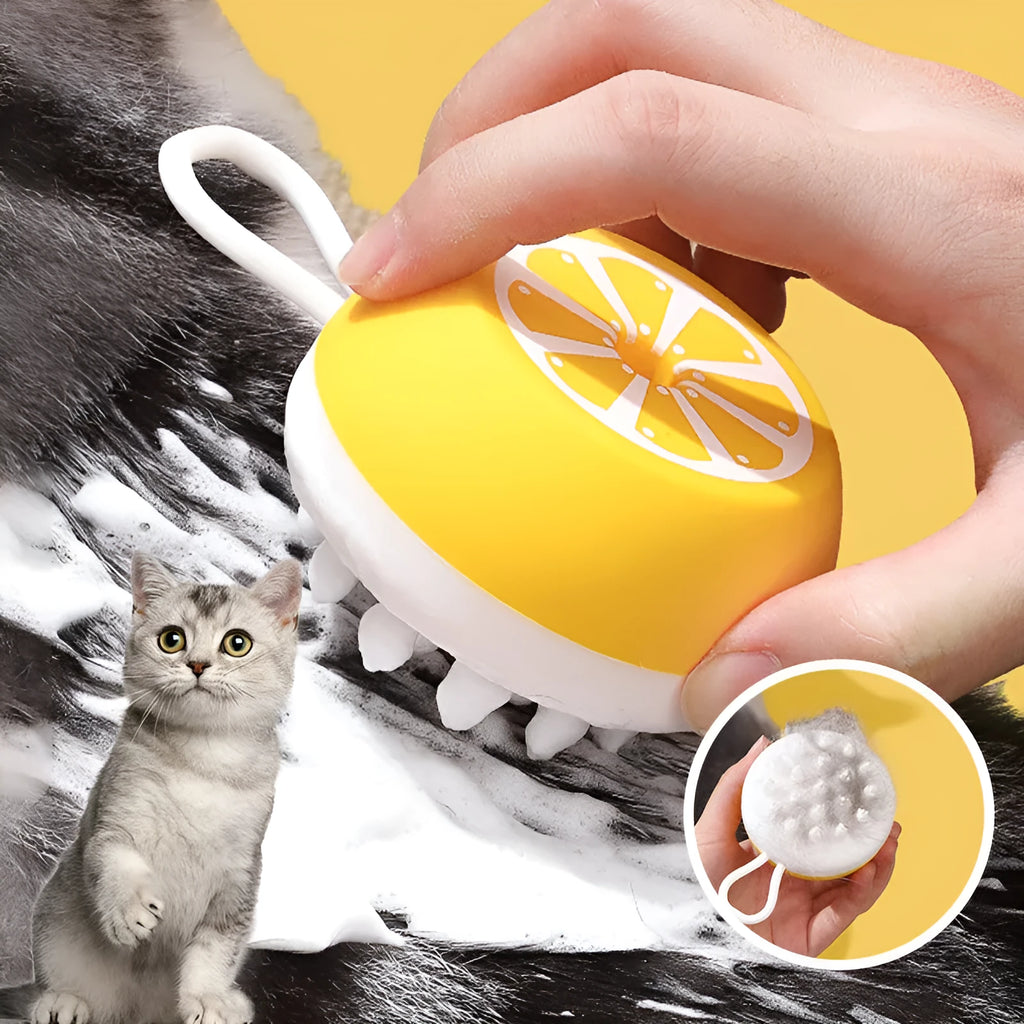 Yellow silicone pet bath brush with massage head design for dog and cat grooming