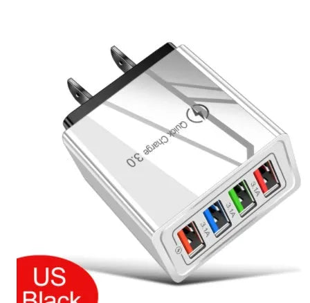 Dark Blue 4-port USB mobile phone charger with EU plug, showing dimensions and USB ports.