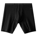 Men's white lace boxer shorts with a lengthened leg cut and mid-waist design on a grey background.